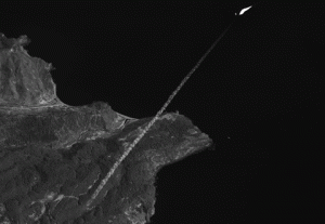 A satellite image showing the exhaust trail and part of a North Korean rocket launched on April 5. The company that took the picture, DigitalGlobe, describes it as “a panchromatic, 50 centimeter (1.6 foot) high-resolution WorldView-1 satellite image showing the rocket launch from the Musudan Ri launch facility.