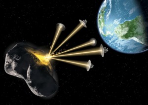 The concept of solar sublimation using an array of spacecraft which vaporizes the surface of an asteroid, deflecting its orbit (because of the action-reaction forces)