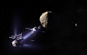 In this artist's conception, a "gravity tractor" positions itself near an asteroid to pull it away from a collision course with Earth (seen in the background). (credit: B612 Foundation)