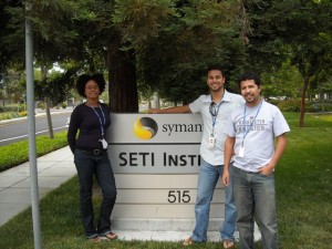 The SETI group in front of the main entrance from left to right: Abigail Reiss, Franck Marchis and Emilio Enriquez