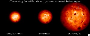 Simulation of Io observed with the current adaptive optics systems at Keck (left), with the NGAO at Keck (middle), and the TMT (right). Faint active centers are detectable only in the TMT image and the resolution is 7 mas in visible (20 mas in near-infrared)