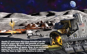 Artistic view of future miner base on the moon (Popular Mechanics Oct 2004). Robotic equipment would scrape and refine lunar soil. Helium-3 would be sent to Earth aboard a future space shuttle or perhaps be shot from an electric rail gun.