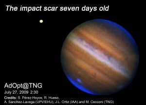 False color image of Jupiter and its scar taken with the TNG on July 27 UT. The image is the composite of 1.60 um, 1.68 um and 2.12 um (blue) narrow band filter images. The seeing was mediocre at the time of the observation.