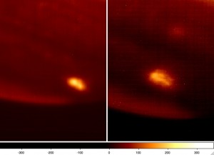 Two raw images taken with VLT/NACO at 2.48 micron. The impact feature is bright at this wavelength range