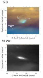 Comparison maps of the Keck and VLT data taken on July 20 and July 26 UT. The shape of the impact has changed over 6 days. Two maxima seems to be still present but they are now separated by 8 deg instead of 3 deg