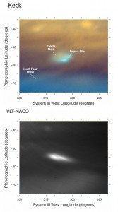 Comparison maps of the Keck and VLT data taken on July 20 and July 26 UT. The shape of the impact has changed over 6 days. Two maxima seems to be still present but they are now separated by 8 deg instead of 3 deg