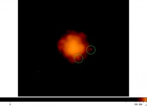 Low level intensity of an observation of the main-belt asteroid (93) Minerva. The two green circles indicate the positions of the two moons that we discovered during this night. 