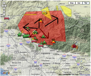 Captured screen of the interactive LA Times map. The "volcano' on the bottom-right indicates the position of the Mount Wilson. The fire seems to have stopped it progression toward the observatory.