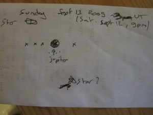 Drawing of my observation of Jupiter on Saturday Sept 12 at 9 pm (Sept. 13 at 3 UT)