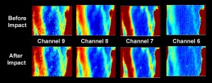 Uncalibrated Diviner thermal maps of the impact site acquired two hours before the impact, and 90 seconds after the impact. The thermal signature of the impact was clearly detected in all four Diviner thermal mapping channels. Credit NASA/GSFC/UCLA