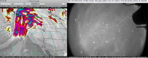 The satellite map [left] and the all-sky camera [right]. The clouds are coming but I don't see them yet.