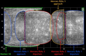 Global Composite map of Mercury based on Mariner 10 and Messenger flybys (M1, M2, M3) observations. 