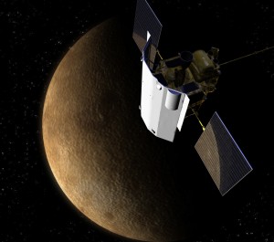 Artist drawing of the spacecraft Messenger in orbit around Mercury (credit: NASA-JHU)