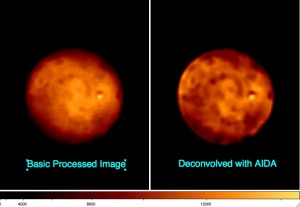 Io, satellite of Jupiter observed with the Keck II AO system on August 16 2009. [left] basic-processed image [right] after applying AIDA