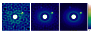 Simulated observation of a planetary system with FIRST on an 8m-class telescope at 630 nm (10,000 x 4ms exposures). The target star with V=10,5,0 (left to right) is surrounded by a face-on disk and two companions that 1,000 and 10,000 fainter and located at 16 and 20 mas,  respectively.  Achieved dynamic ranges (rms) are respectively 1:10^4, 1:10^5 and 1:10^6. The total field-of-view is 50 mas.