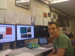 Keaton Burn, SETI-REU student in the remote control room at UC-Berkeley, shortly before the beginning of the observations.