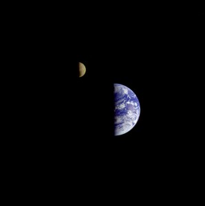 Earth and its Moon seen by Galileo Spacecraft after a gravity assist flyby in 1992