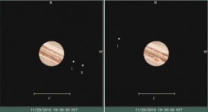 Configuration of the Jovian system at the time of our observations predicted by Xephem. Io (labeled I) was very close to the limb of Jupiter on Nov 30 4:30 UT (Nov 29 18:30 HST)