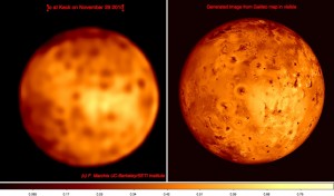 Comparison between our Keck II observation (left) and a generated image based on combining visible observations collected by Galileo. Despite a lower spatial resolution our Nov 29 ground-based observation reveals a lot of volcanic features on the surface of Io