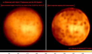 (left) basic processed image of Io recorded on Nov 29 with the Keck II AO system. (right) same image after applying AIDA deconvolution process