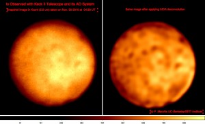 (left) basic processed image of Io recorded on Nov 30 with the Keck II AO system. (right) same image after applying AIDA deconvolution process