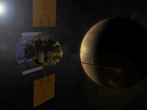 An artist's concept shows the MESSENGER spacecraft in orbit around Mercury.  (credit: NASA)