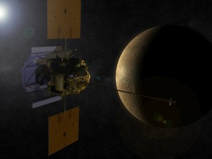 An artist's concept shows the MESSENGER spacecraft in orbit around Mercury.  (credit: NASA)