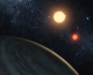 Artistic view of the Kepler-16(AB)b exoplanet (a Saturn-like exoplanet) in orbit around its 2 stars shown in the background.